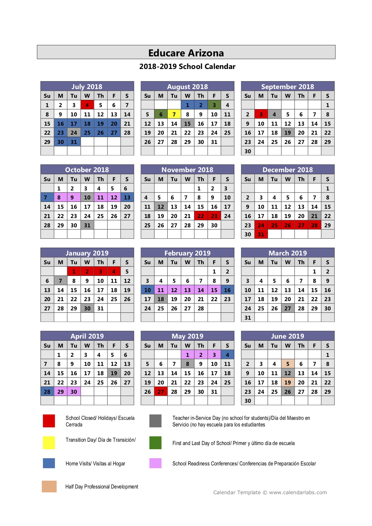 School Year Calendar Educare Arizona